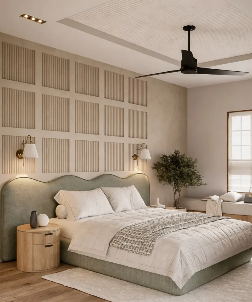 Green Wavy Headboard and Grid Wall