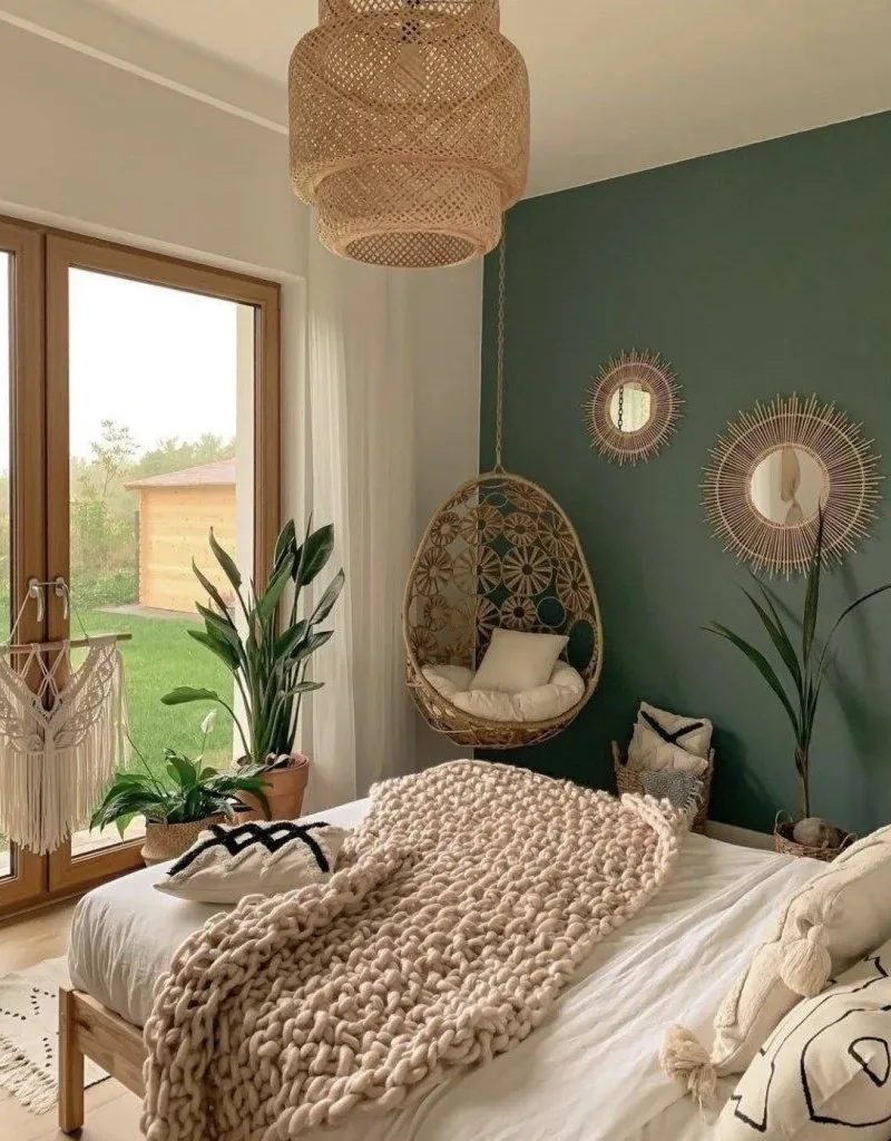 Hanging Rattan Chair and Forest Green Wall