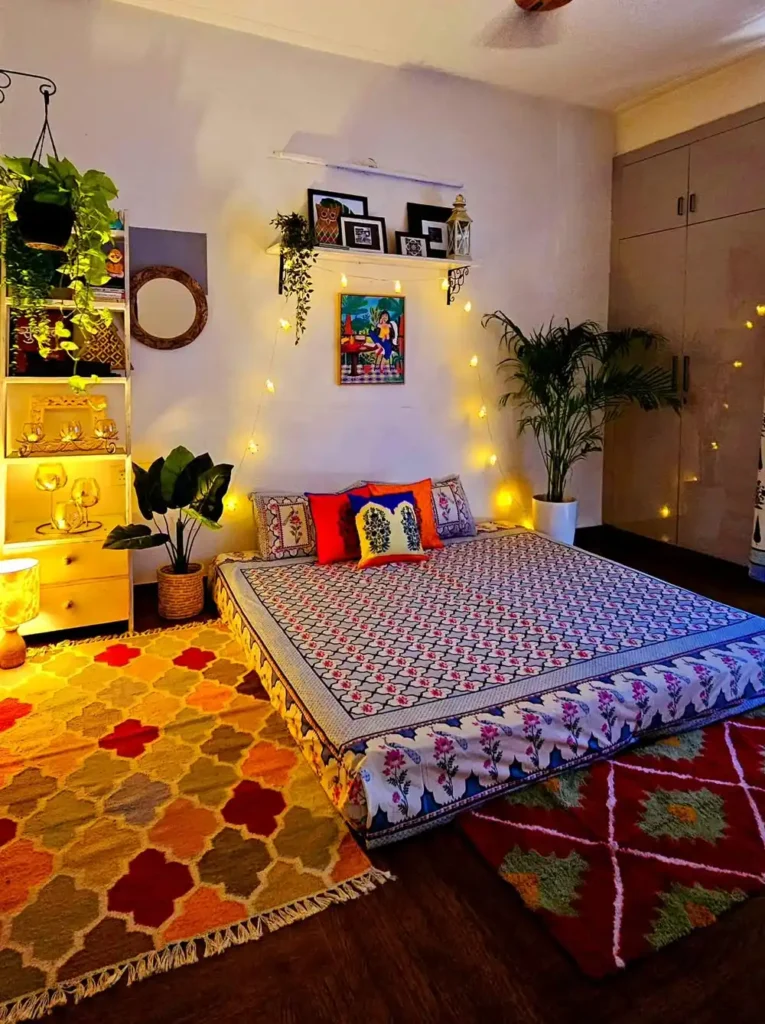 Illuminated Floor Bed And Layered Rugs