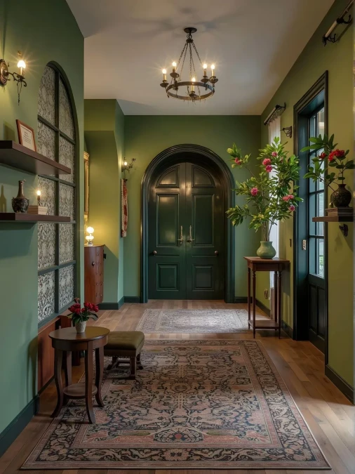 Jade Green Entryway With Arched Doors