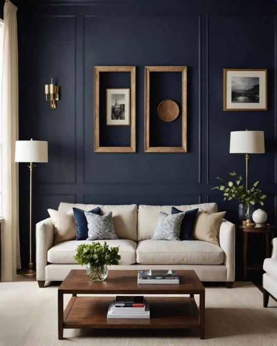Layered Empty Wood Frames Against Dark Navy Paneling