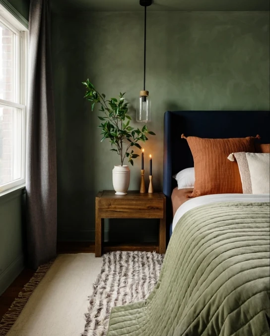 Layered Textures In A Jade Green Bedroom