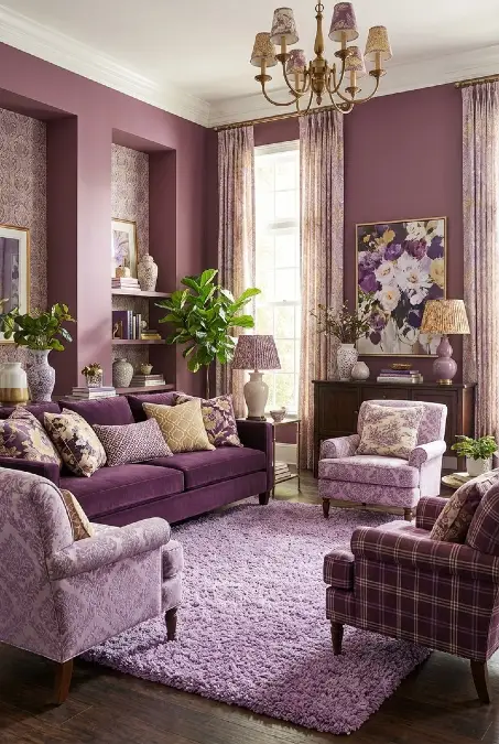 Layering Tonal Patterns In A Maximalist Plum Living Room