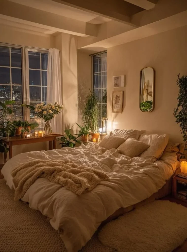 Low-Floor Bed with Amber Lighting and Indoor Plants