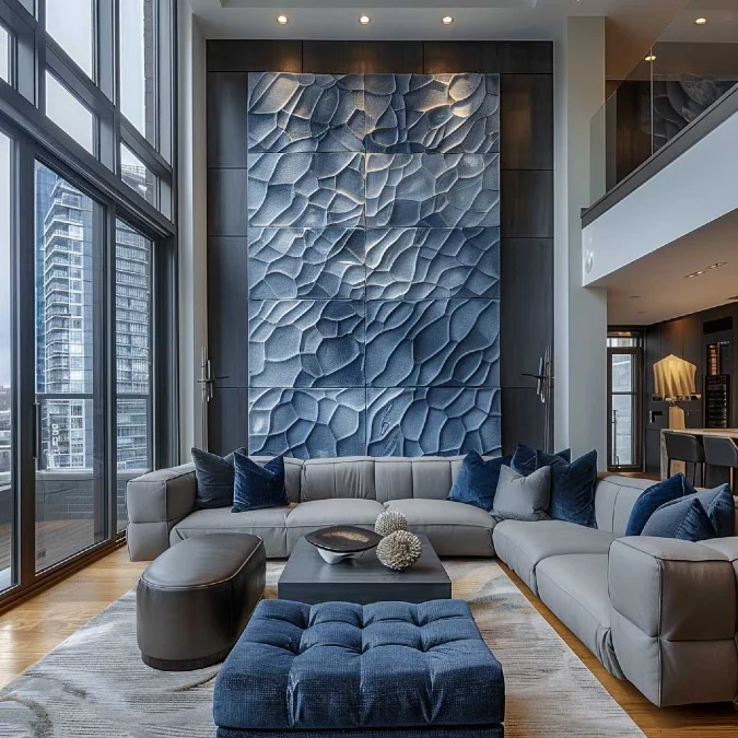 Massive Blue Sculptural Art Over A Grey Sectional