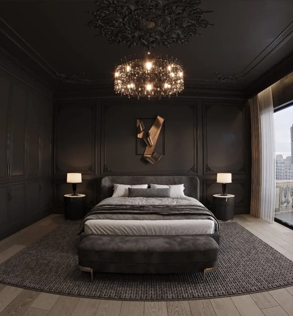 Matte Black Walls with Gold Ribbon Sculpture