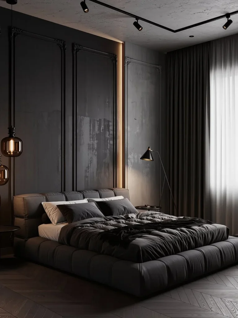 Matte Charcoal Walls with Tufted Platform Bed