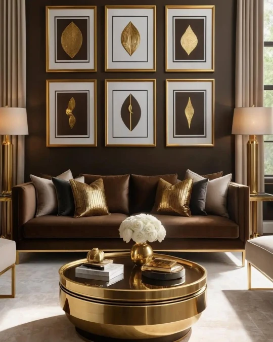 Metallic Gold Finishes Balance Deep Brown Walls