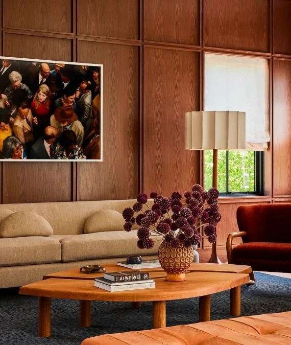 Mid Century Wood Paneling With Rich Velvet