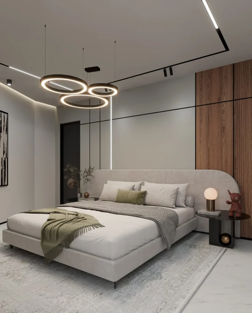 Modern Ring Lighting and Wide Headboard