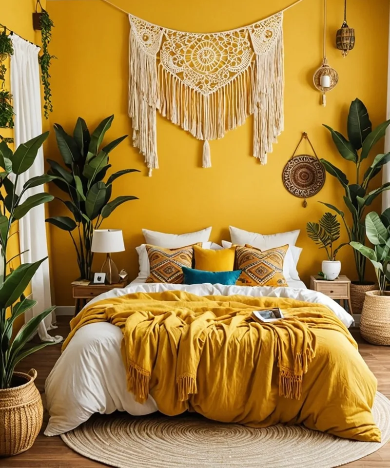 Mustard Yellow Wall with Giant Macrame Tapestry