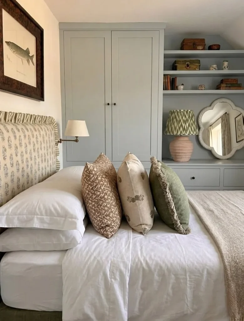 Muted Blue Cabinetry and Patterned Linens