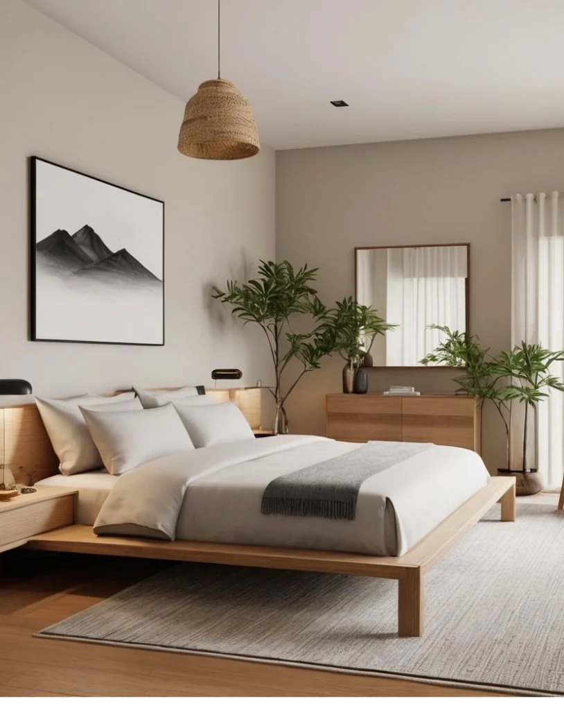 Natural Wood Bed and Mountain Art
