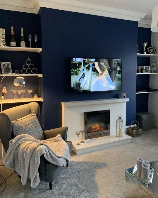 Navy Chimney Breast With Bright White Floating Shelves