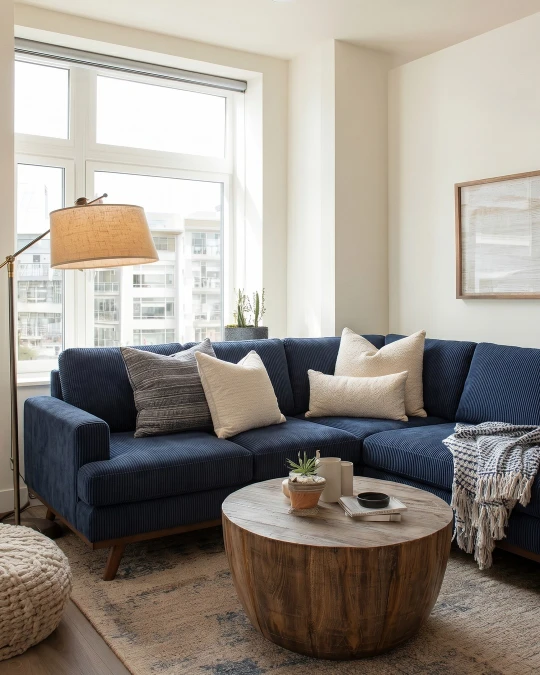 Navy Corduroy Sectional With Earth Tone Wood Accents
