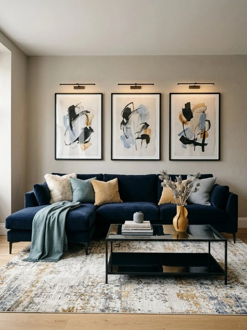 Navy Sectional With Abstract Art And Gallery Lights