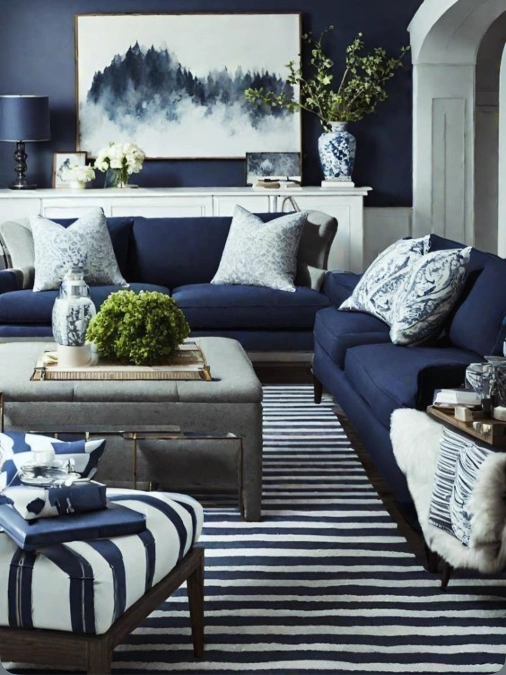 Navy Sofas Layered Over A Bold Striped Rug