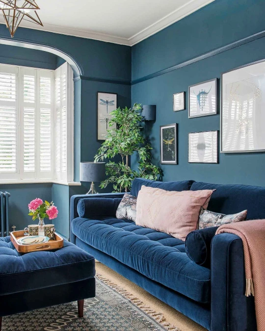 Navy Velvet Sofa With Blush Pink Accents