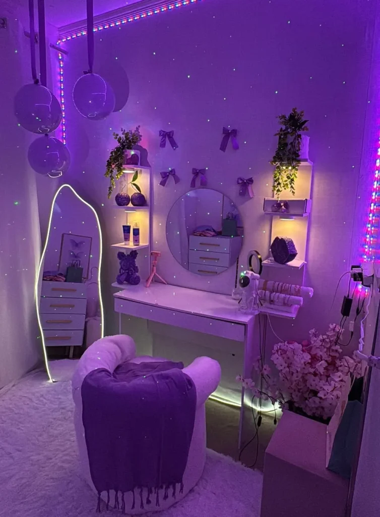 Neon Galaxy Lights and Plush Vanity Seating