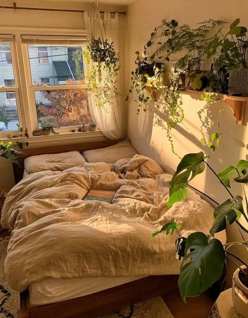 Oatmeal Linen Bedding with Corner Window Plant Shelf