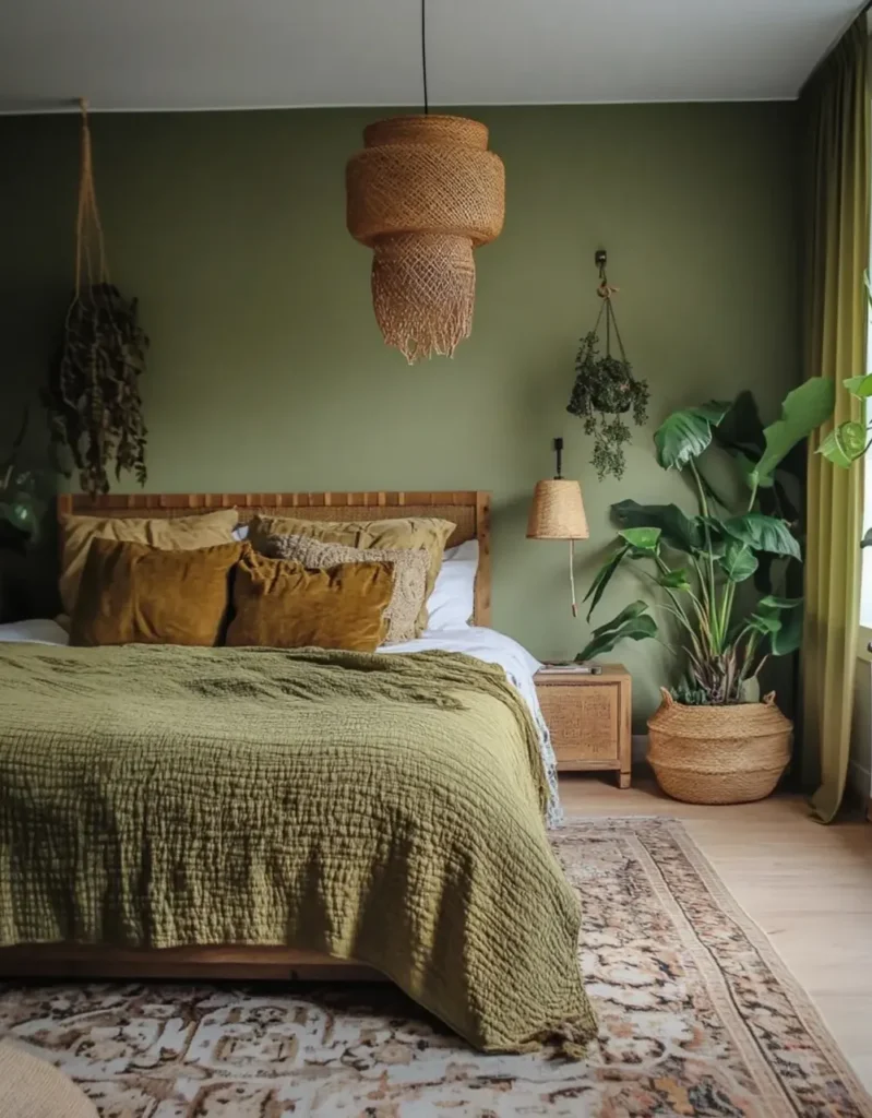 Olive Green Accent Wall with Woven Pendant Light