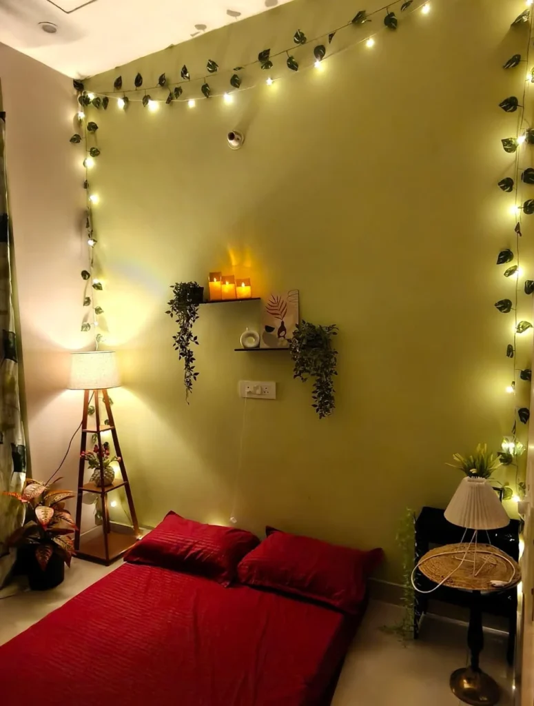Olive Walls and Grounded Crimson Bedding