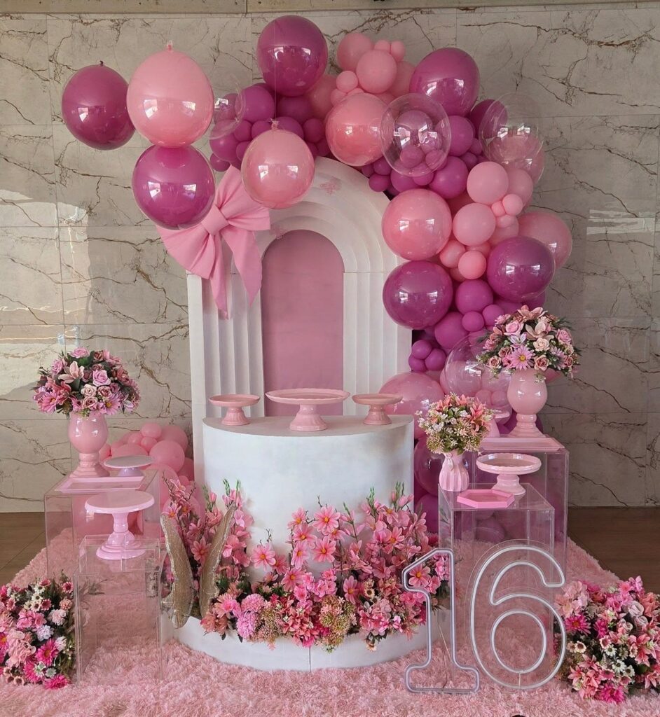 Pink Balloon Arch Dessert Backdrop
