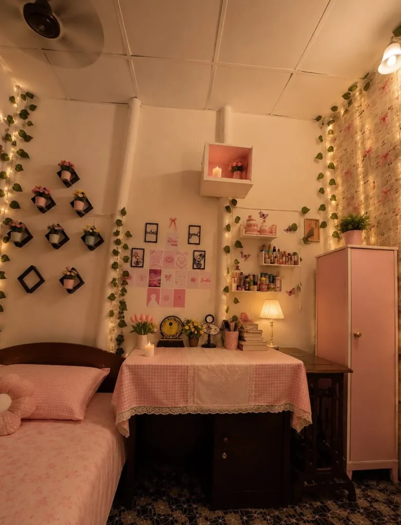 Pink Gingham and Vertical Fairy Lights