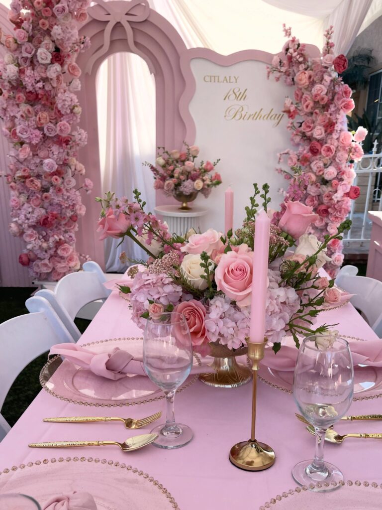 Pink and Gold Floral Table Setting