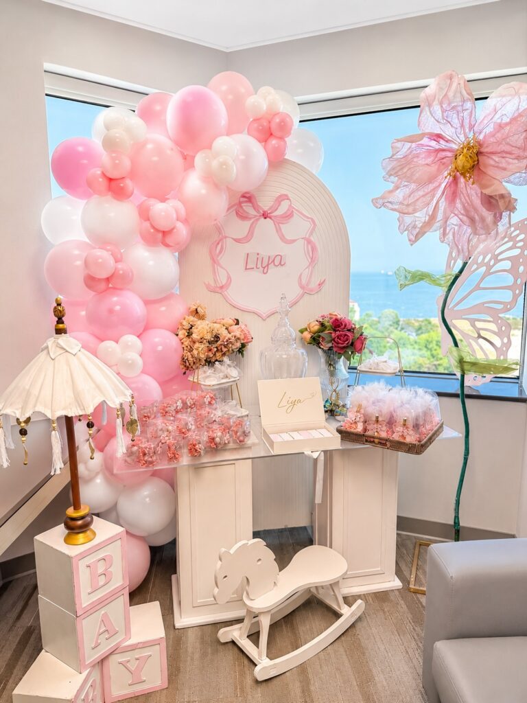 Pink and White Baby Shower Favor Table