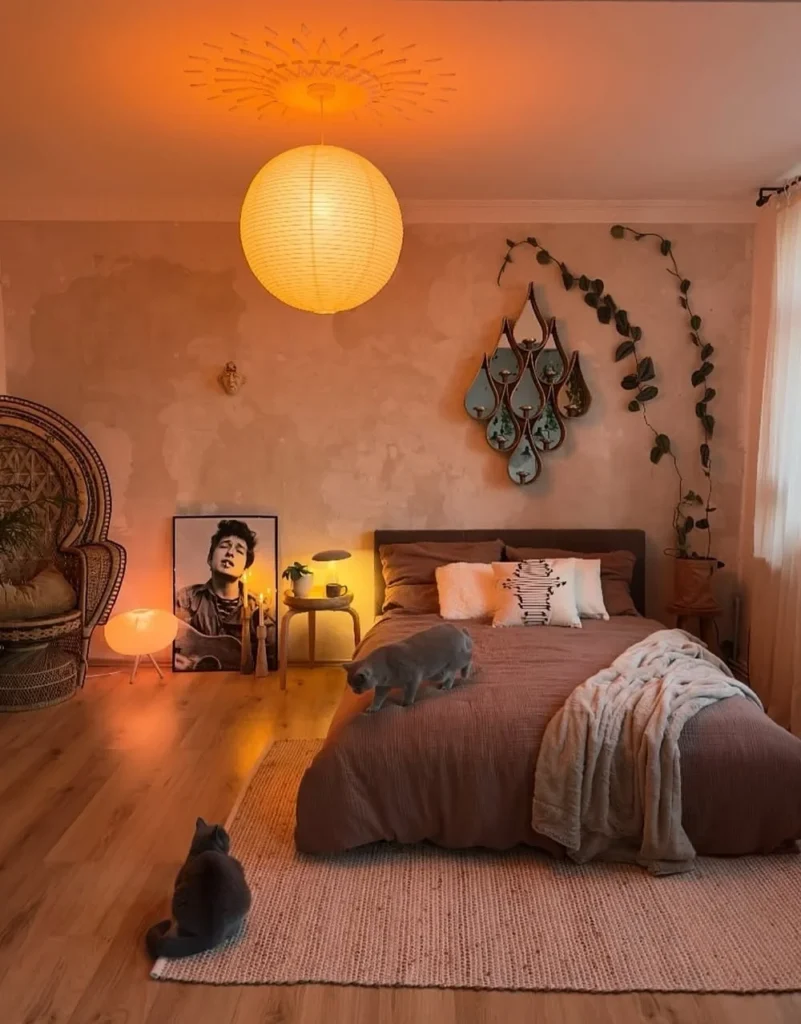 Plaster Wall with Oversized Paper Lantern and Peacock Chair