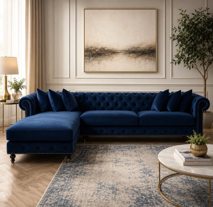 Plush Navy Velvet Sectional In A Warm Cream Room