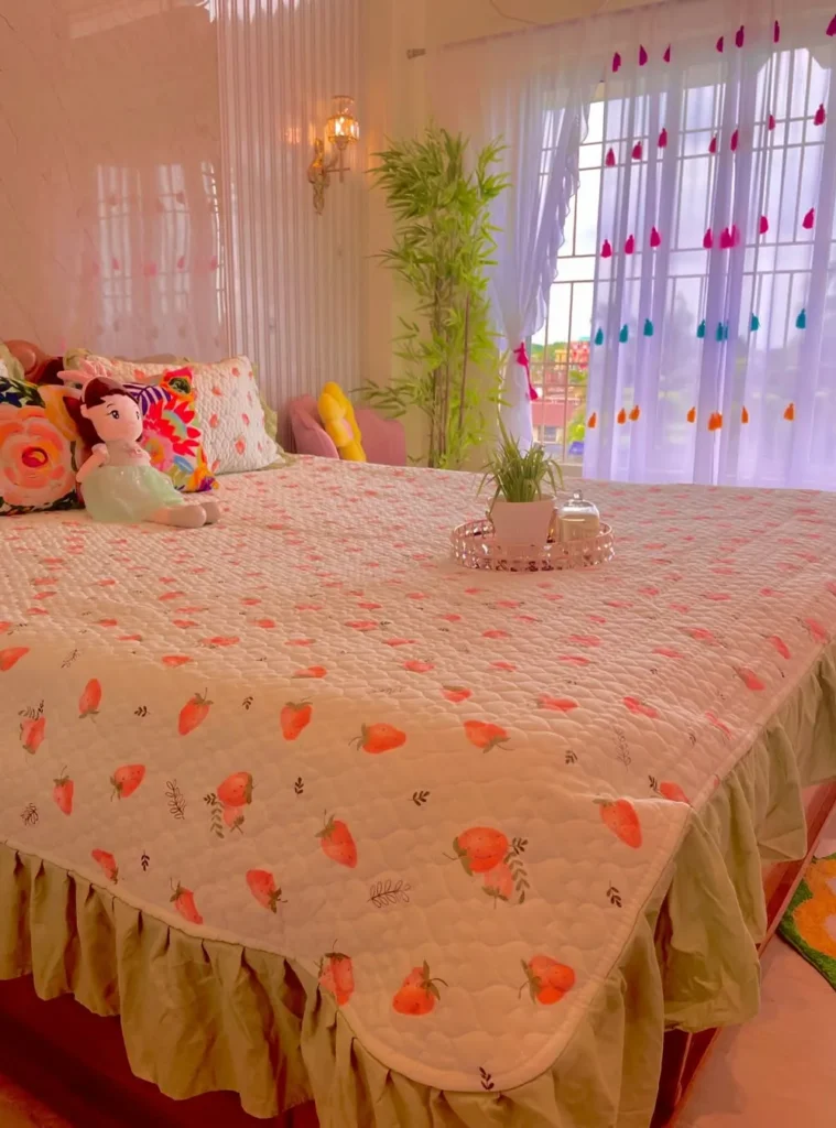 Quilted Strawberry Bedding Colorful Tassels