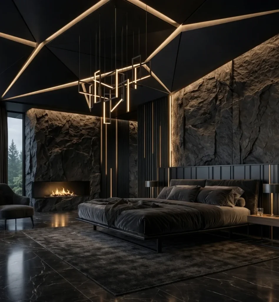 Raw Stone Wall with Geometric Ceiling Lights