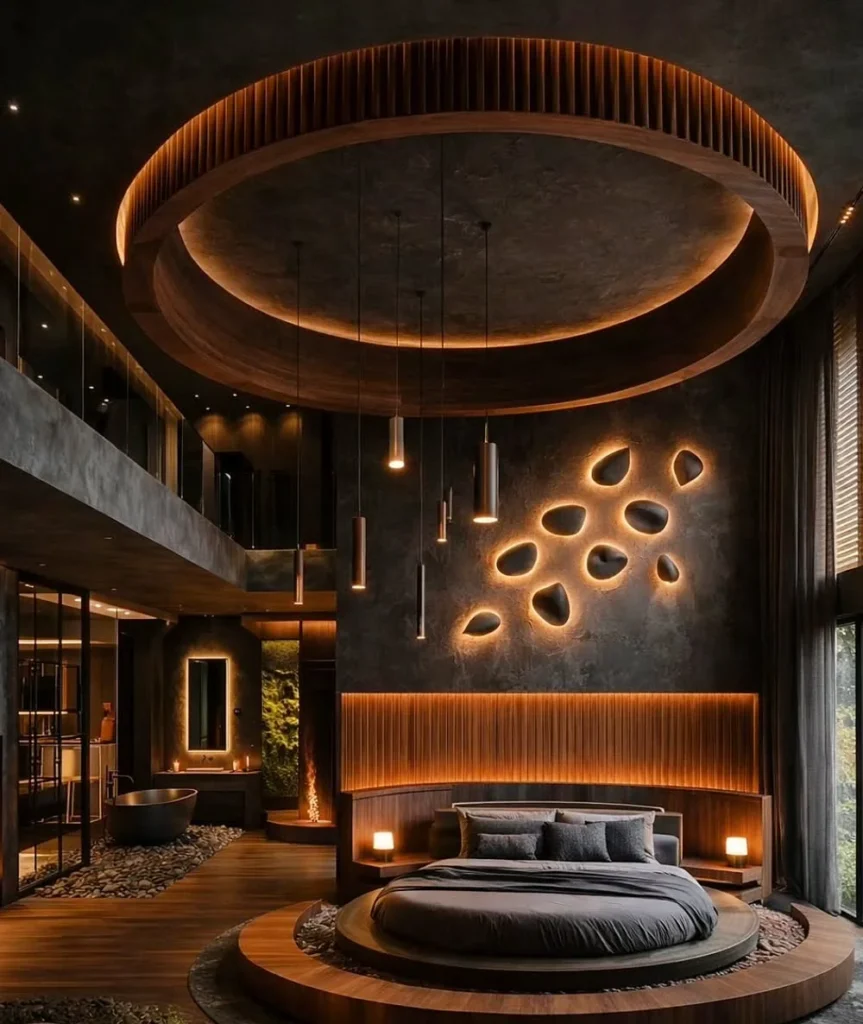 Round Platform Bed with Glowing Wall Pebbles