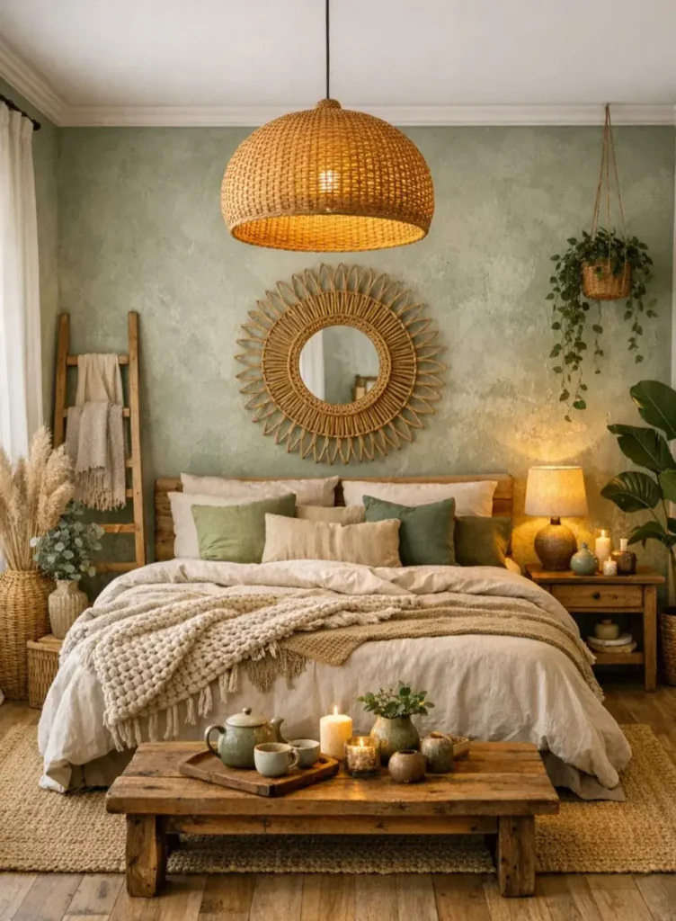 Sage Green Plaster Wall with Sunburst Rattan Mirror