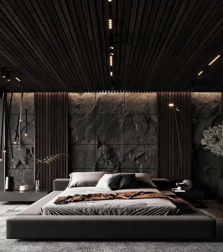 Slatted Wood Ceiling over Textured Stone Wall