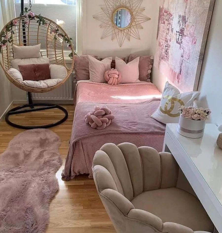 Soft Blush Layers and Sculptural Seating
