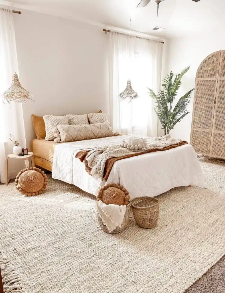 Tall Arched Rattan Wardrobe and Textured Floor Pillows