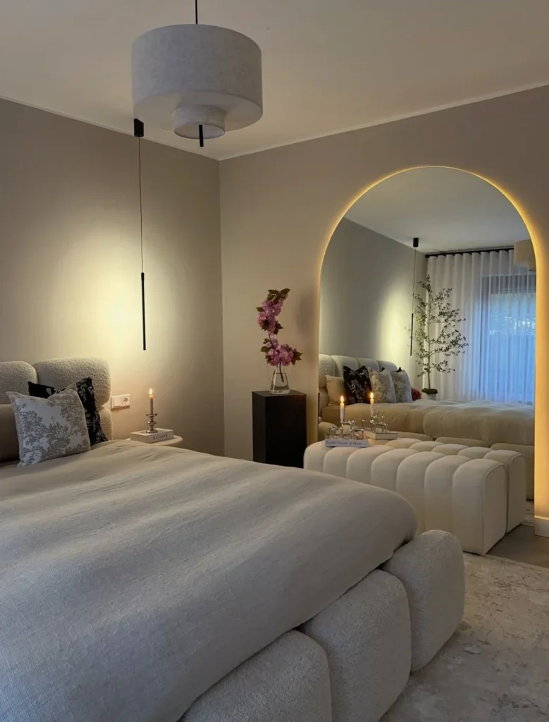 Textured Bed and Arched Mirror