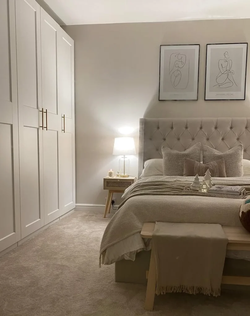 Tufted Headboard + Crisp White Wardrobes