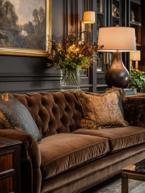 Tufted Velvet Softens Dark Paneled Walls