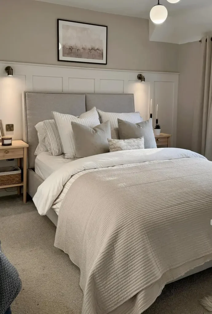 Upholstered Bed + White Paneling + Brass Sconces