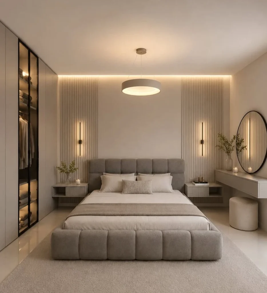 Upholstered Bed and Fluted Walls
