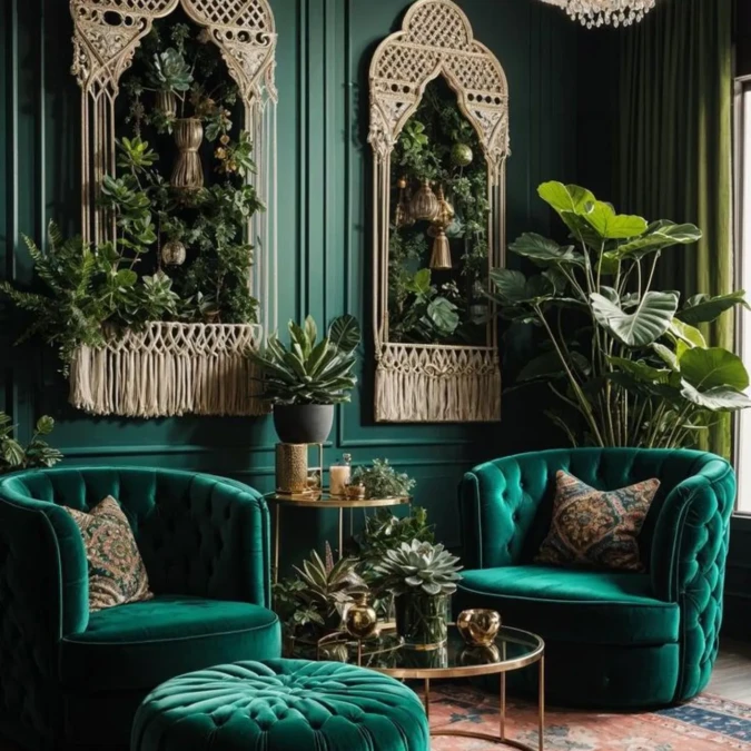 Vertical Plant Walls And Jade Velvet Seating