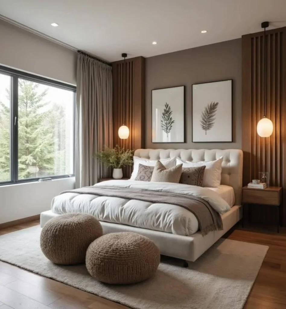 Vertical Wood Paneling and Soft Tufting