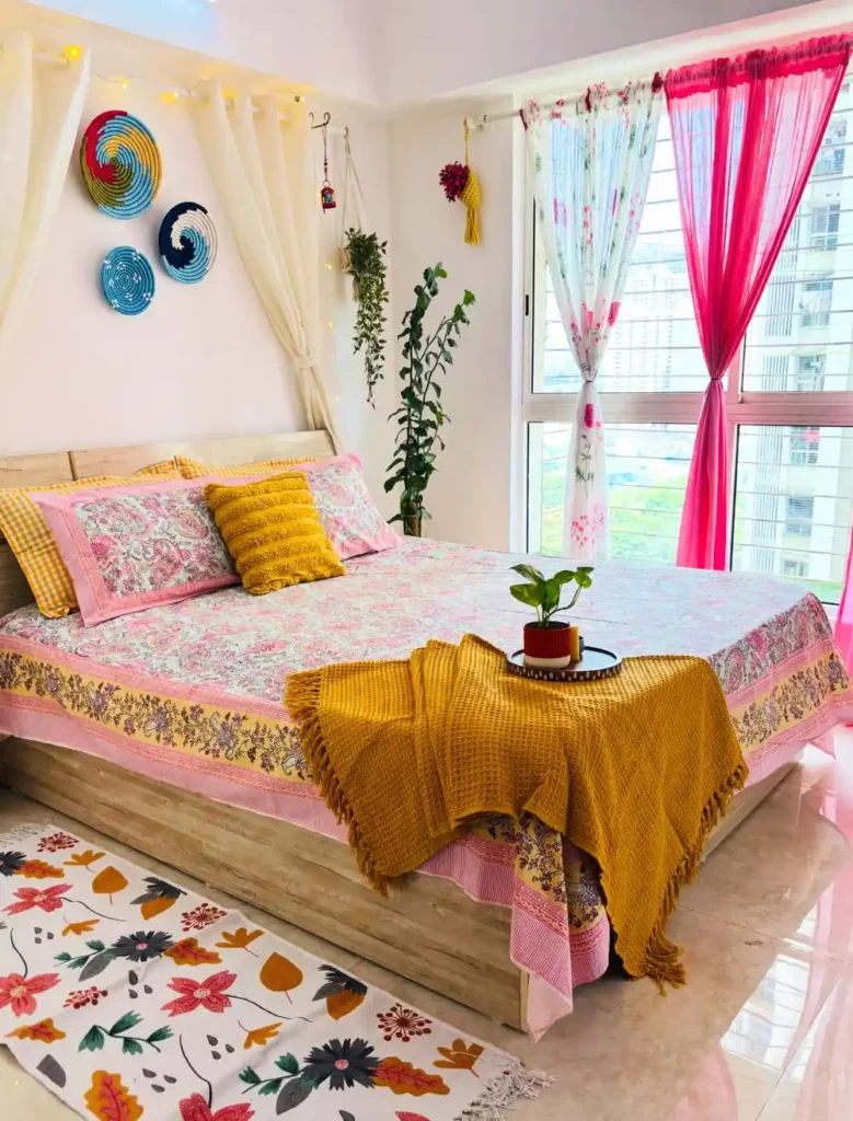 Vibrant Pink And Yellow Floral Bedroom
