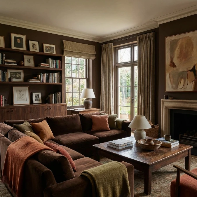 Walnut Shelving Meets Chocolate Velvet Seating