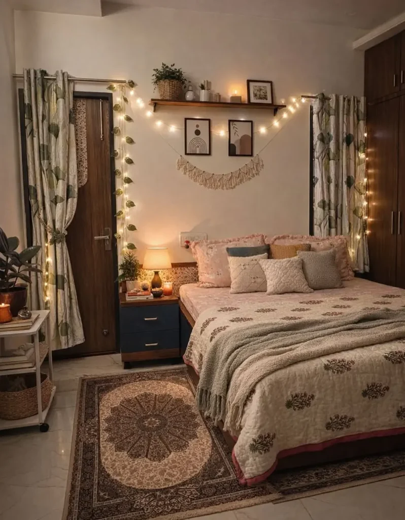 Warm Ambient Glow and Mixed Botanical Prints