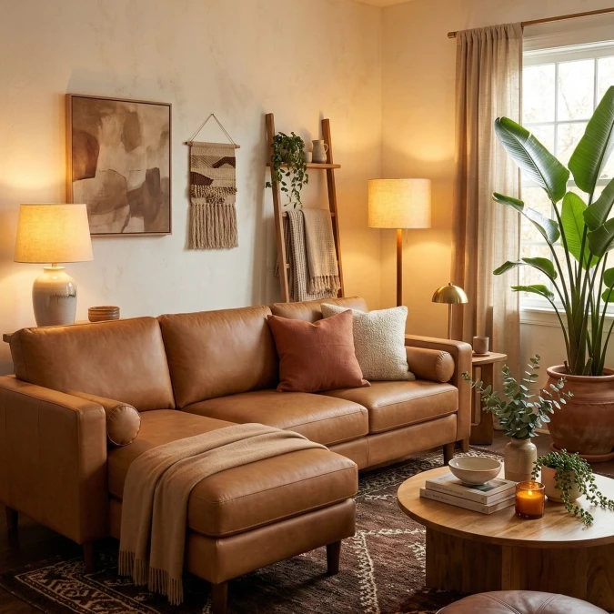 Warm Leather Anchors Biophilic Living Rooms
